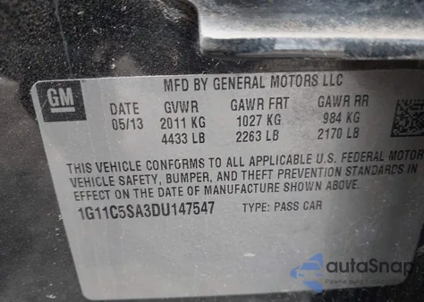 2013 Chevrolet Malibu 1Lt z USA, uszkodzony, nr VIN 1G11C5SA3DU147547